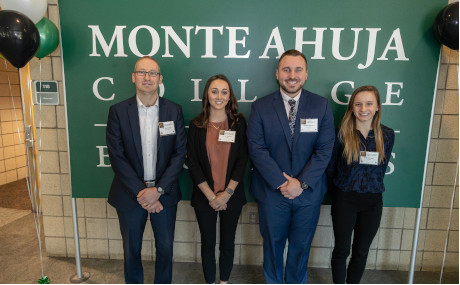 Photo of BW's 2020 Intercollegiate Ethics Case Competition team, left to right, faculty adviser Dan Schrag, Lauren Cellucci, Eddie Schwertner and Kelly Brennan